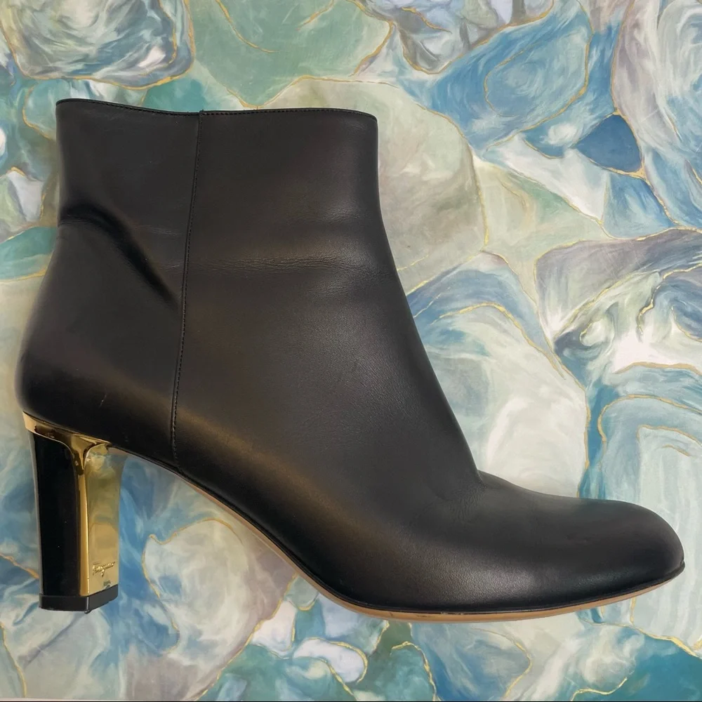 Salvatore Ferragamo Black Leather Boots with Gold Tone Detail 8.5